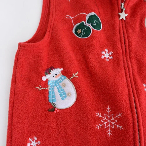 Vintage Denver Hayes Red Embroidered Snowman Festive Fleece Zip Sweater Vest L - Picture 7 of 9